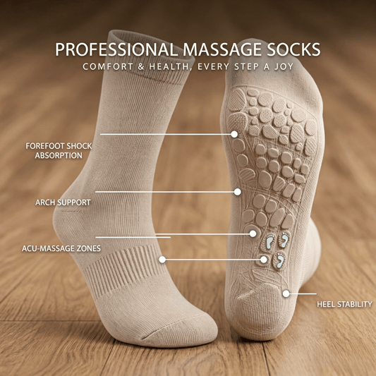 Beige crew acupressure socks provide soft breathable comfort, ideal for everyday wear and gentle foot care