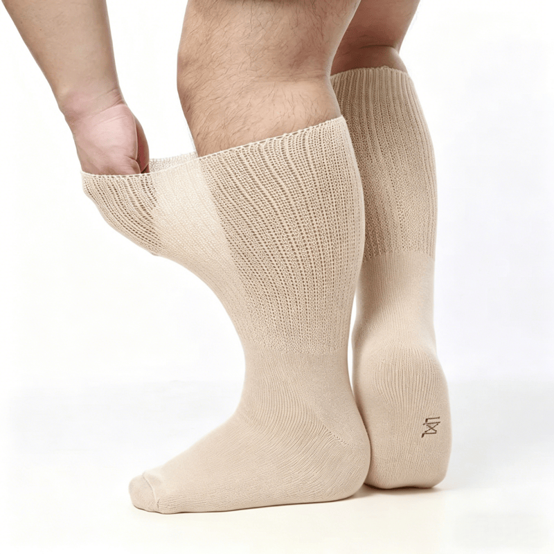 Smooth flat-seam beige diabetic socks to reduce friction against foot skin