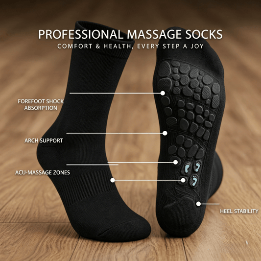 Black crew acupressure socks offer a sleek professional look, ideal for business wear and all-day comfort