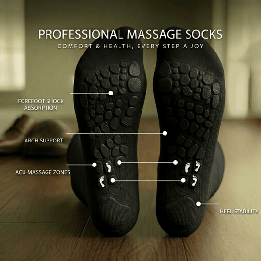 Flat front view of black diabetic acupressure socks, showing all-black sock body with circular raised acupoint massage zones on the sole and a loose non-binding cuff.