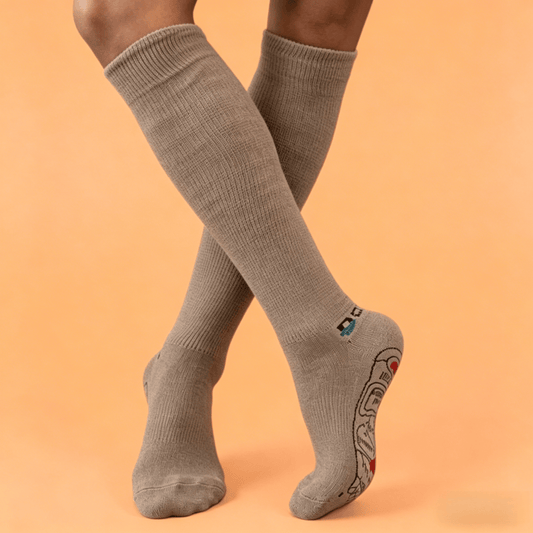 Therapeutic khaki brown DiaFlow™ pressure point socks designed for natural edema reduction and daily foot care