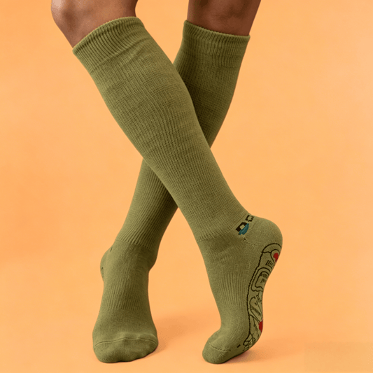 Therapeutic olive green DiaFlow™ pressure point socks designed for natural edema reduction and daily foot care