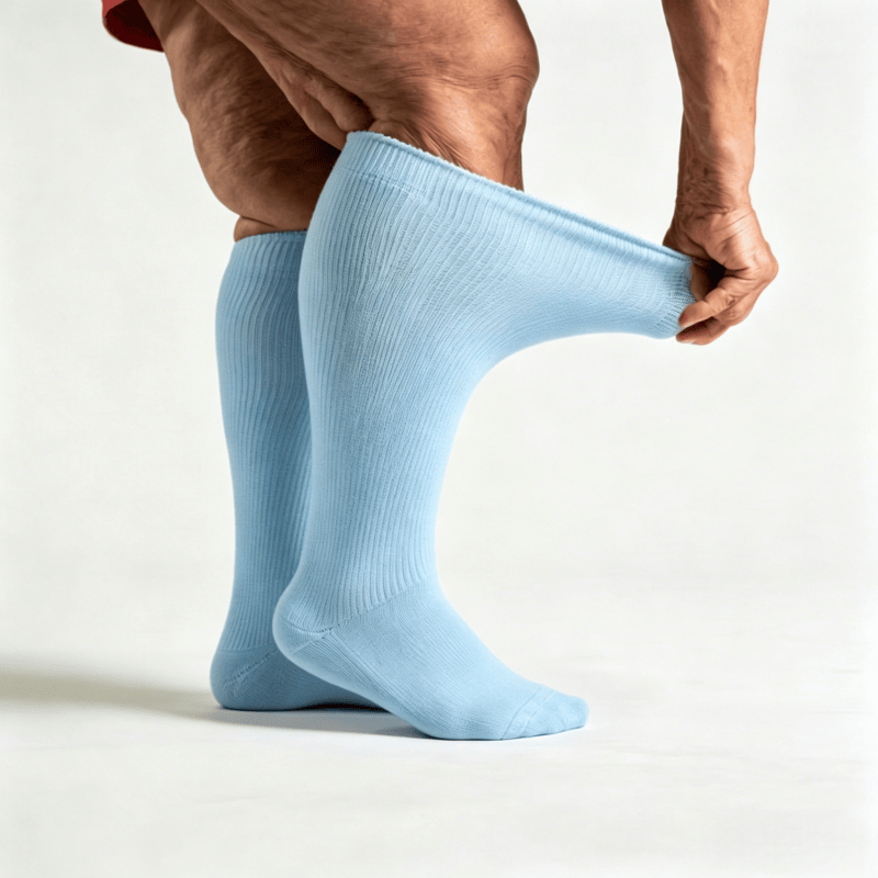 Smooth flat-seam light blue diabetic long socks to reduce friction on feet and calves