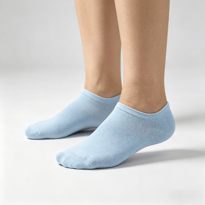 Smooth flat-seam light blue diabetic no-show socks to minimize friction irritation on toes and foot sides