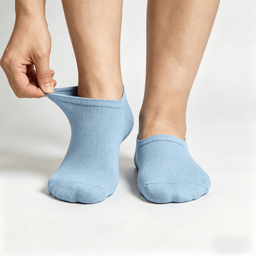 Light blue diabetic no-show socks with non-binding top for spring/summer wear with light-colored canvas shoes
