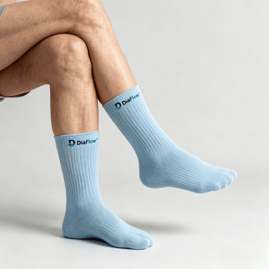 Light blue diabetic socks with non-binding top for comfortable daily wear