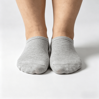 Low-profile gray diabetic no-show socks designed to stay hidden under most low-cut shoes