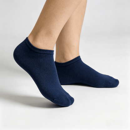 Low-profile navy blue diabetic no-show socks designed to stay hidden under most low-cut shoes