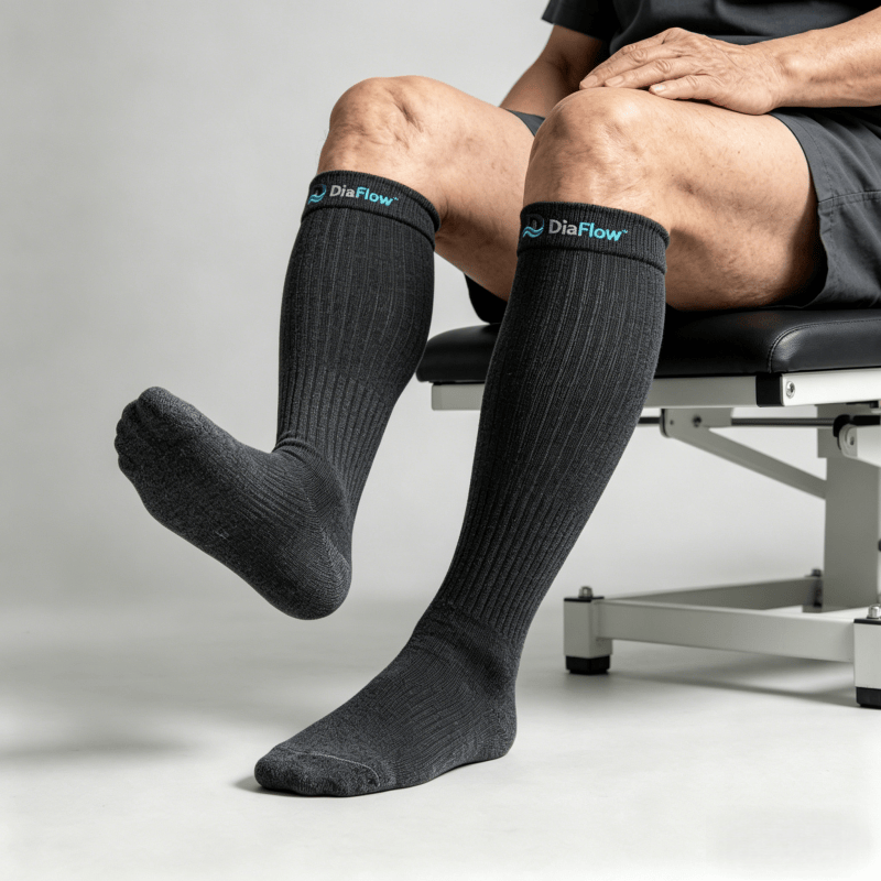 Medium-thickness black diabetic long socks to help maintain comfortable temperature for feet and calves

