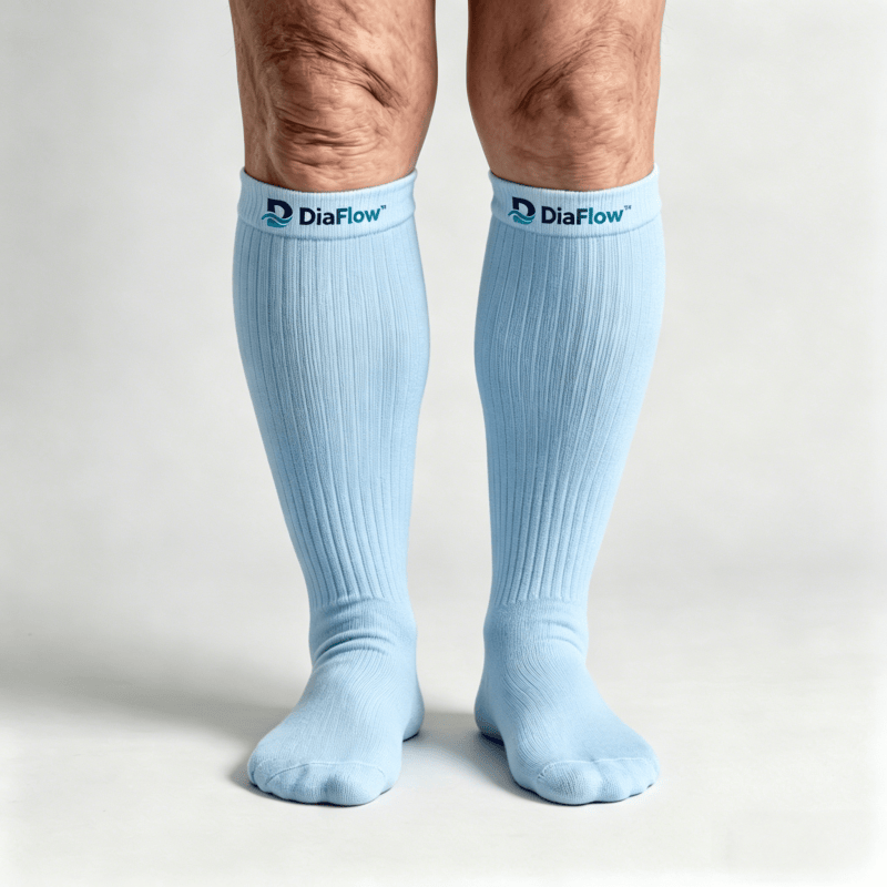 Medium-thickness light blue diabetic long socks to help maintain comfortable temperature for feet and calves