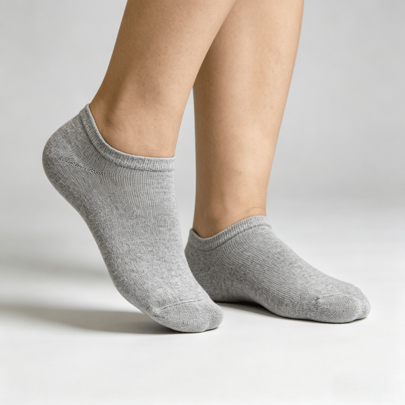 Breathable moisture-wicking gray diabetic no-show socks for keeping feet dry