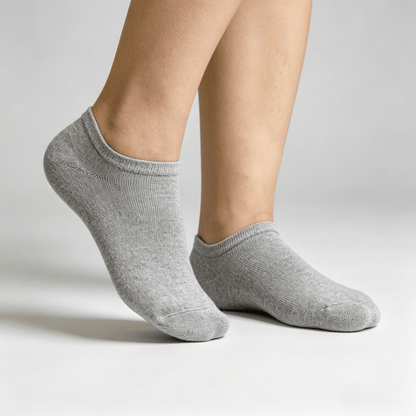 Breathable moisture-wicking gray diabetic no-show socks for keeping feet dry