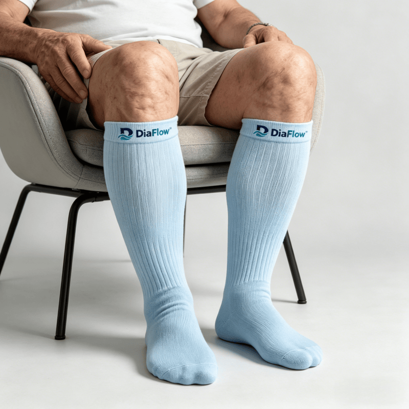 Breathable moisture-wicking light blue diabetic long socks for keeping calves and feet dry