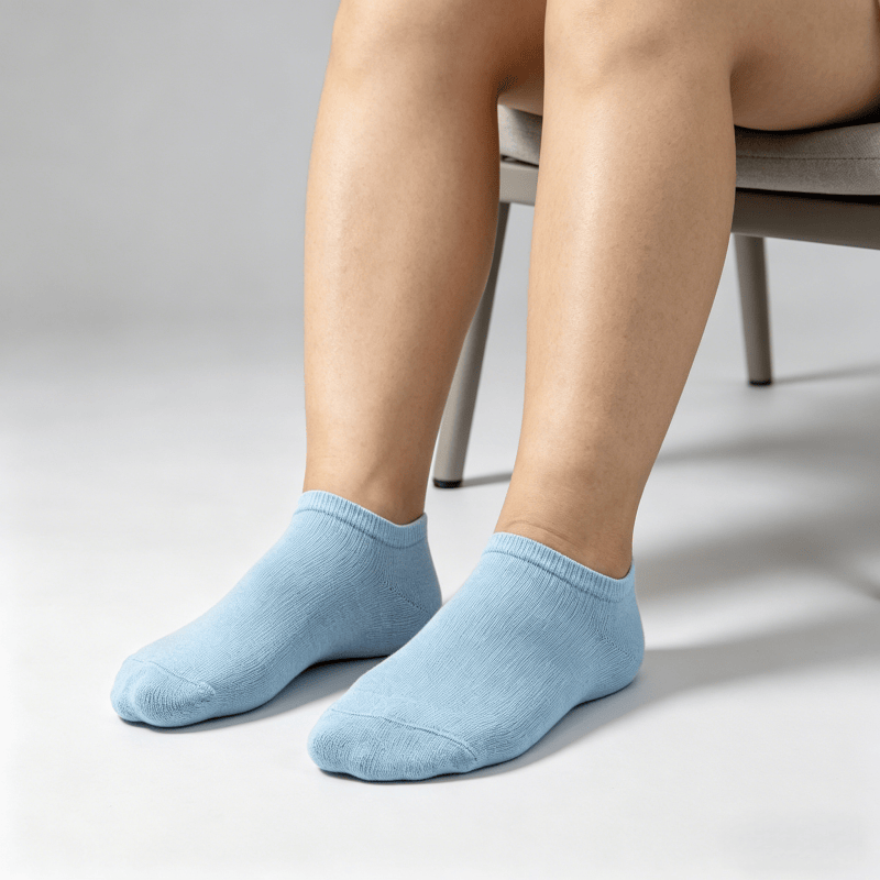 Quick moisture-wicking light blue diabetic no-show socks to help keep feet dry and non-sticky

