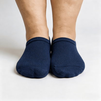 Breathable moisture-wicking navy blue diabetic no-show socks for keeping feet dry