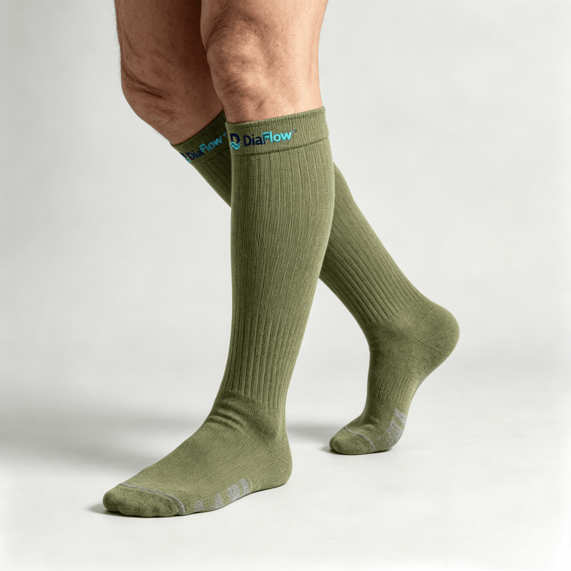 Breathable moisture-wicking olive green diabetic knee-high socks for keeping calves and feet dry

