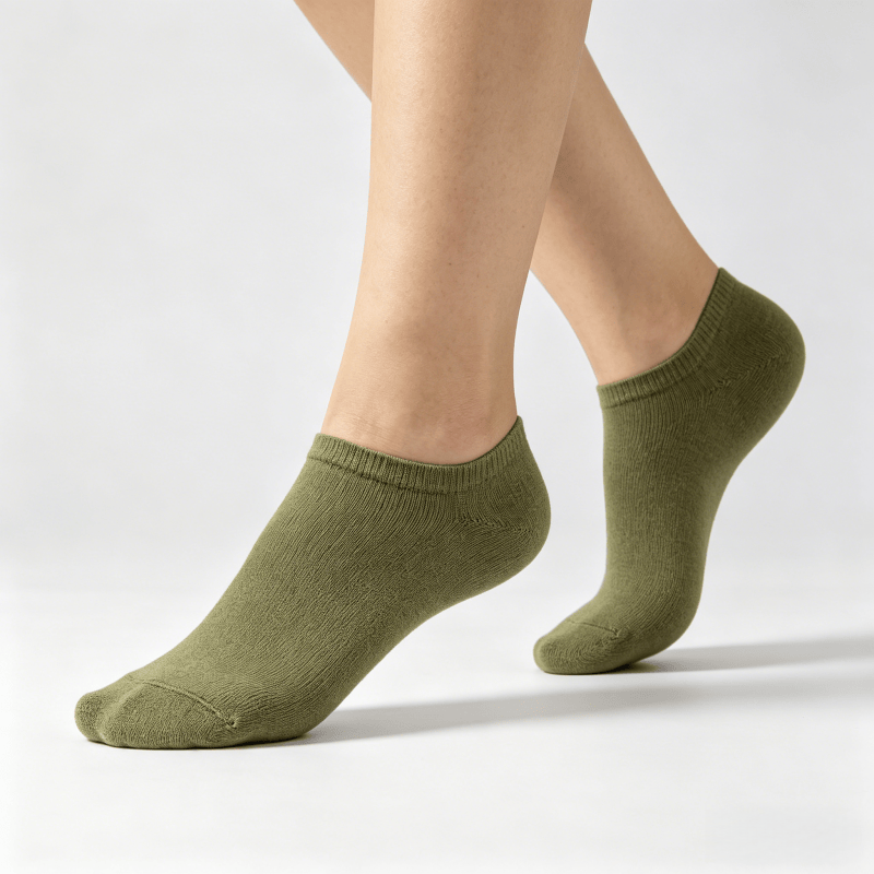 Quick moisture-absorbing olive green diabetic no-show socks to help keep feet dry and fresh