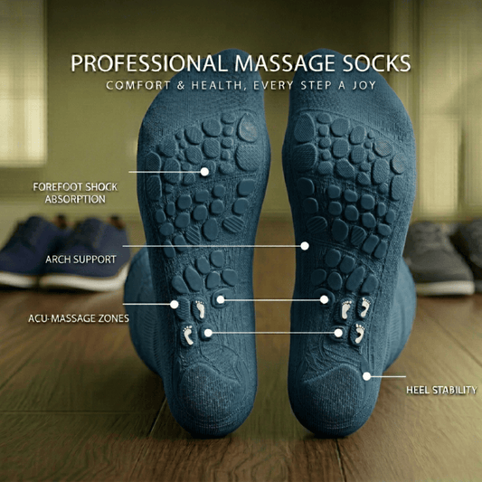 Navy blue diabetic acupressure socks designed to support foot circulation and help relieve numbness and tingling, ideal for neuropathy and long-standing users