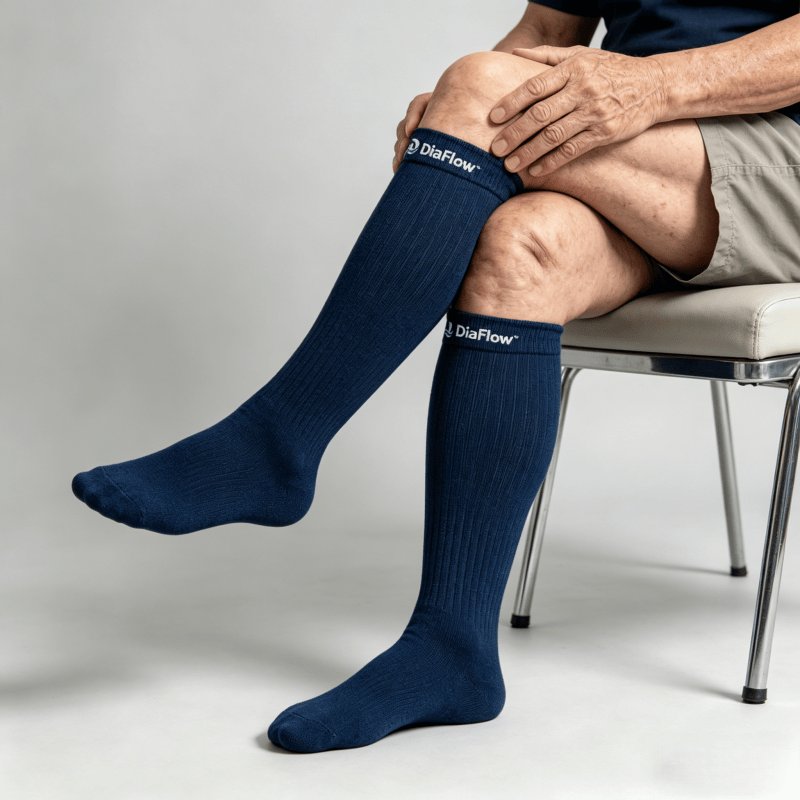 Smooth flat-seam navy blue diabetic long socks to reduce friction on feet and calves