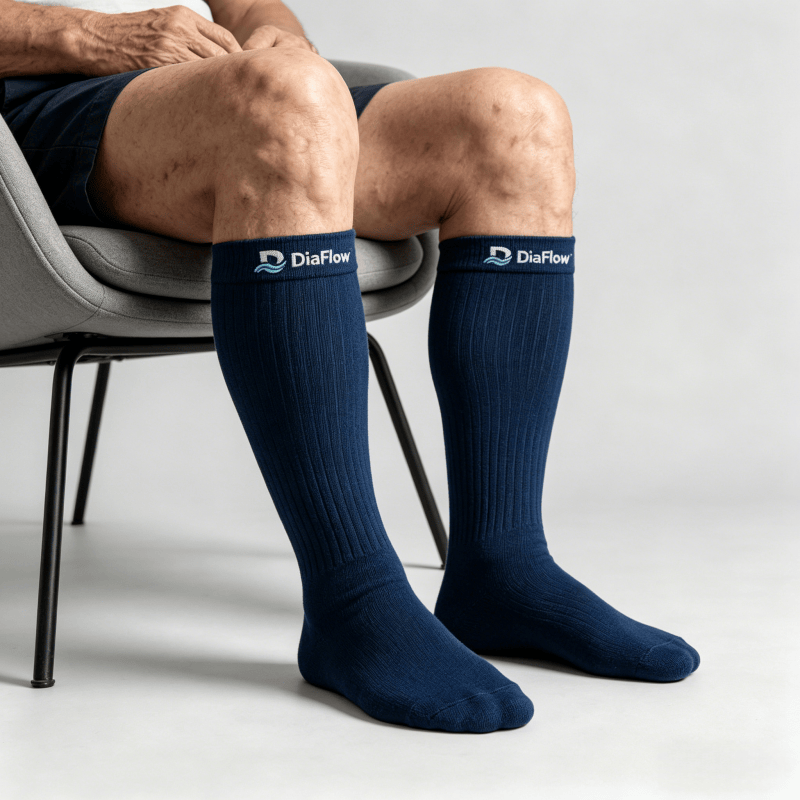 Gradually fitting navy blue diabetic long socks designed to avoid overly tight pressure points