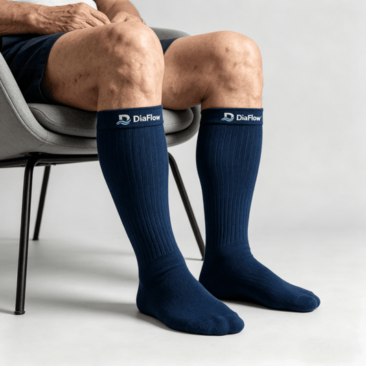Gradually fitting navy blue diabetic long socks designed to avoid overly tight pressure points