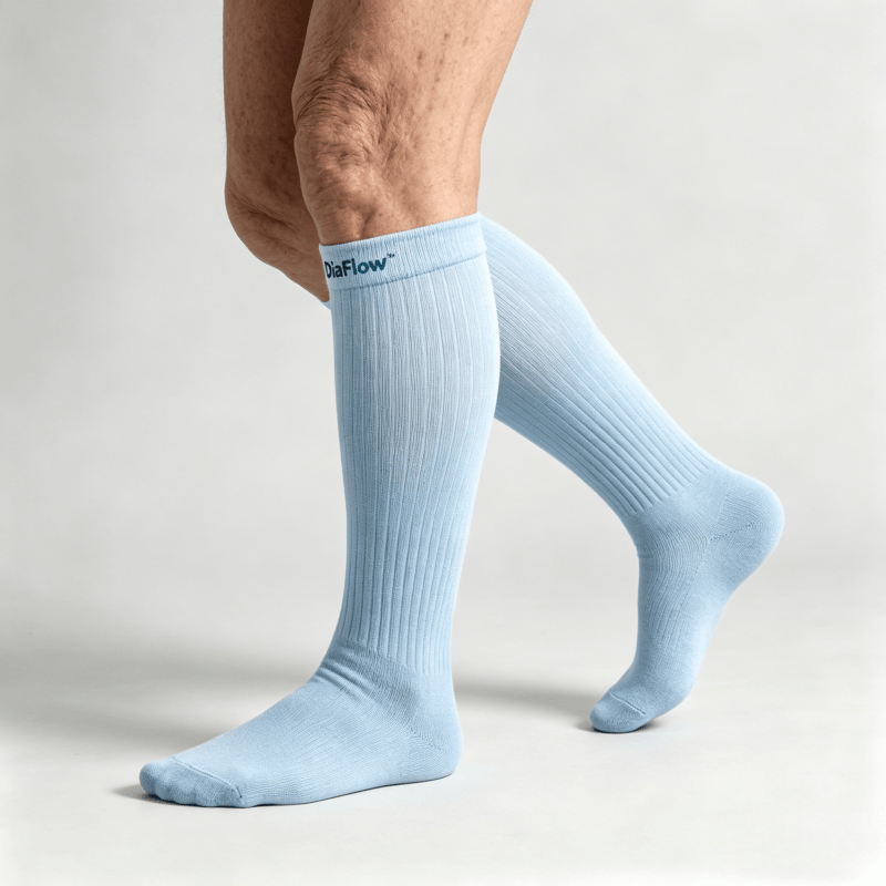 Light blue diabetic long socks without tightness, suitable for sensitive or mildly swollen legs

