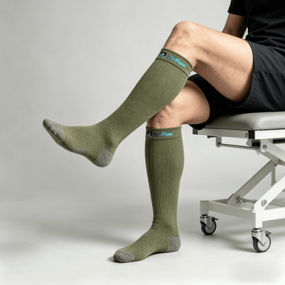 Olive green diabetic knee-high socks without tightness and with slip-resistant top, suitable for sensitive or swollen legs