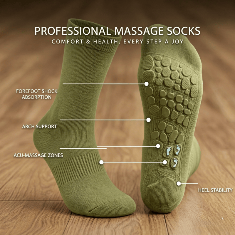 Olive green crew acupressure socks ideal for walking and outdoor use, helping relieve fatigue