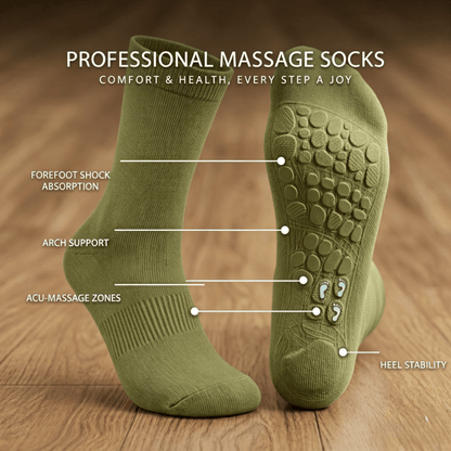 Olive green crew acupressure socks ideal for walking and outdoor use, helping relieve fatigue