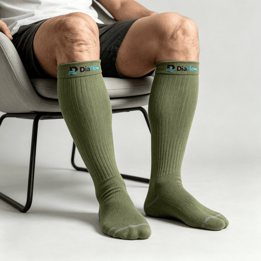 Smooth flat-seam olive green diabetic knee-high socks to reduce friction on legs and feet
