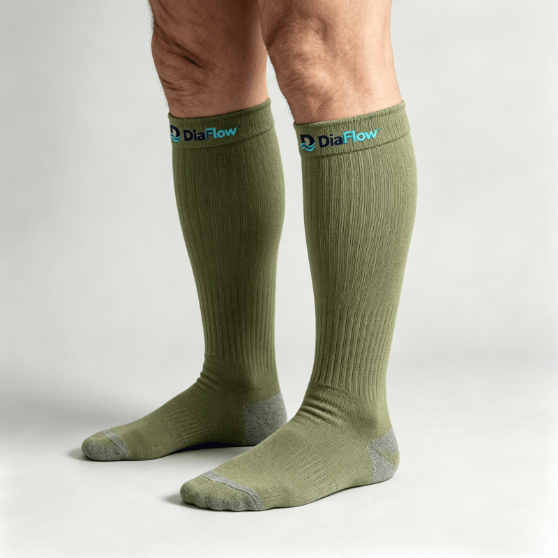 Gradually fitting olive green diabetic knee-high socks to support leg circulation comfort