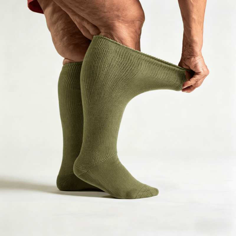 Non-binding olive green diabetic knee-high socks for extended wear and sensitive calves