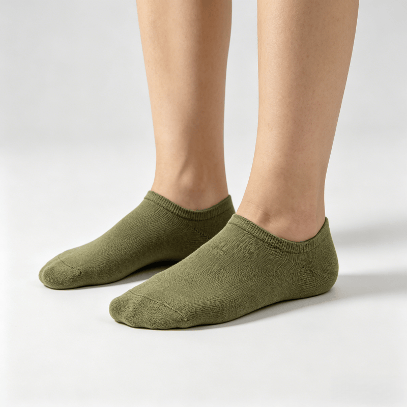 Smooth hidden-seam olive green diabetic no-show socks to reduce pressure points on feet