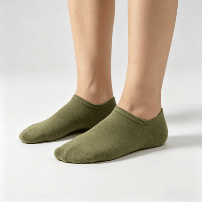 Smooth hidden-seam olive green diabetic no-show socks to reduce pressure points on feet
