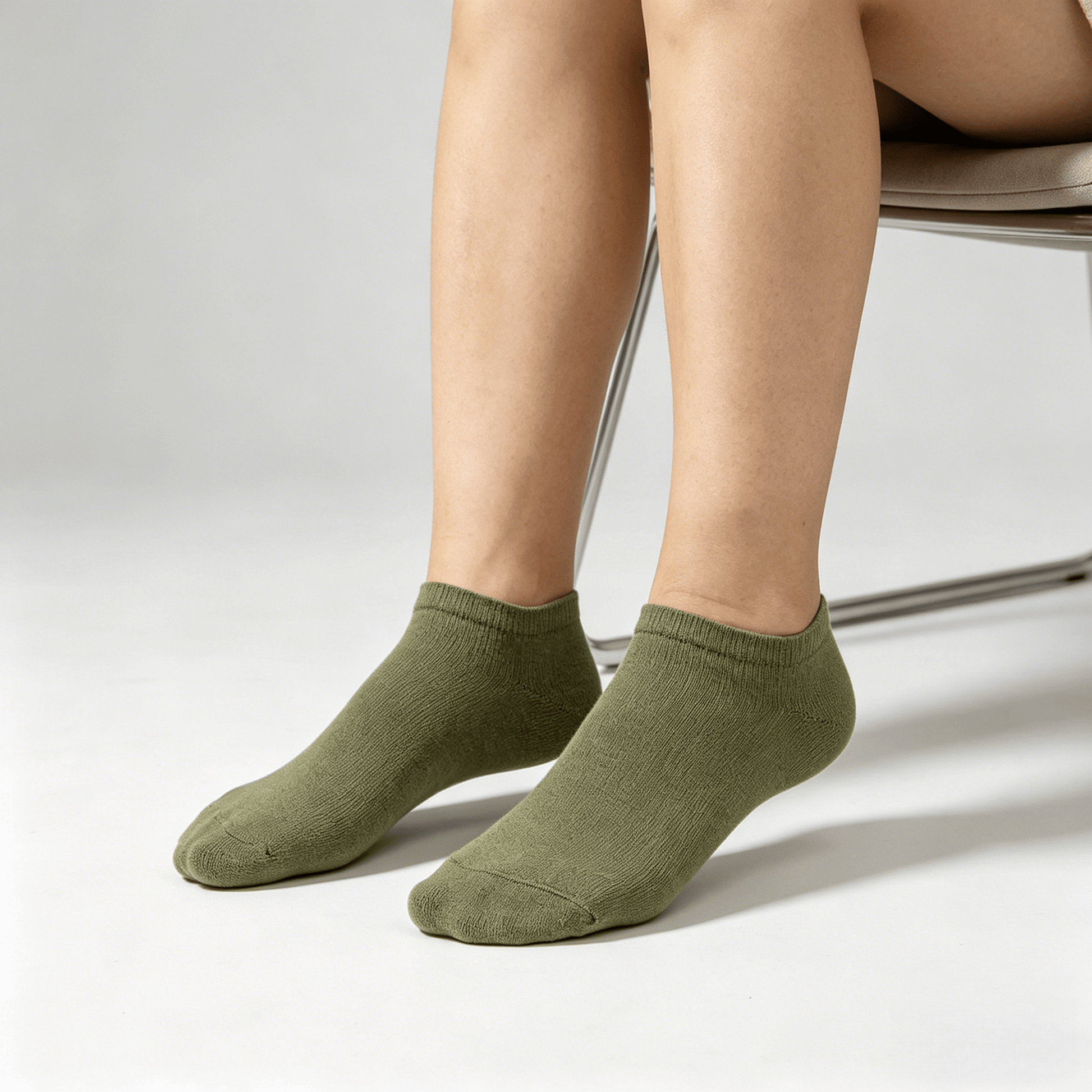 Olive green diabetic no-show socks with silicone heel grip and non-binding fit to prevent slipping while walking