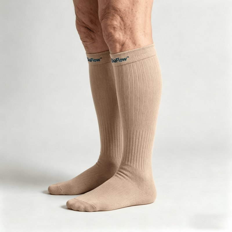 Sand over-the-knee diabetic socks with loose fit at thigh and calf sections to reduce pressure points

