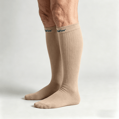 Sand over-the-knee diabetic socks with loose fit at thigh and calf sections to reduce pressure points

