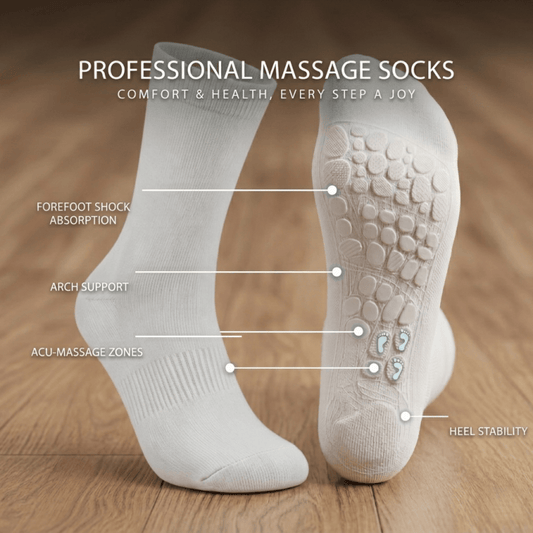 White crew acupressure socks with a clean clinical look, ideal for home care and recovery use