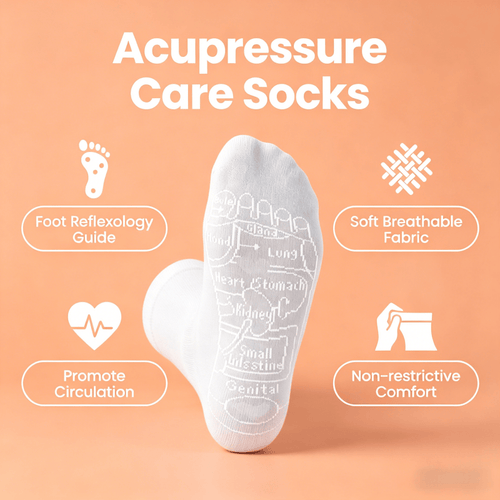 White high-top socks with acupressure massage to relieve foot pain caused by diabetic neuropathy.