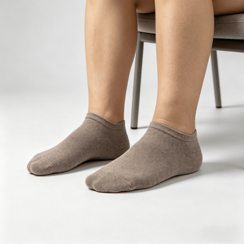 Greige diabetic short socks with relaxed forefoot fit, suitable for wider feet